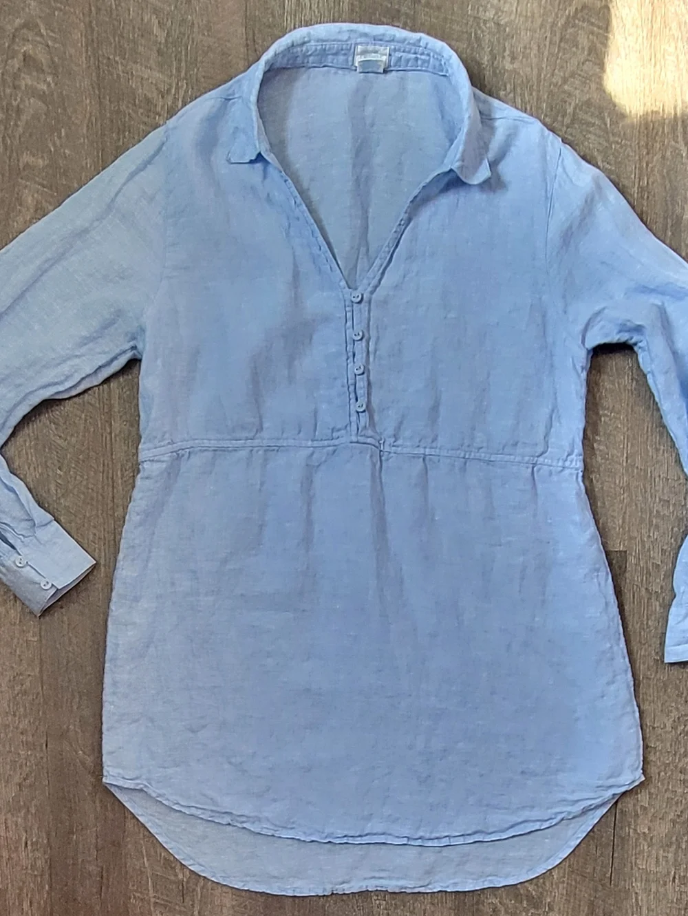 Sigrid Olsen 100% Linen Chambrey 1/2 Button Tunic Womens M Light Blue Roll Tab S - Picture 6 of 11